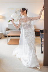 Shining White Mermaid High-Neck Long Sleeves Beaded Sweep Train Tulle Wedding Dress With Sequins